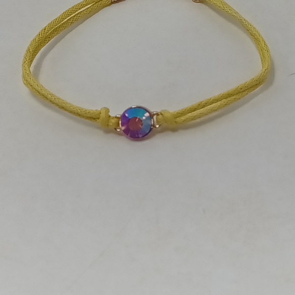 Pink Crystal Centered Yellow Nylon Bracelet Glass Stone Corded Rope Band - Picture 5 of 8